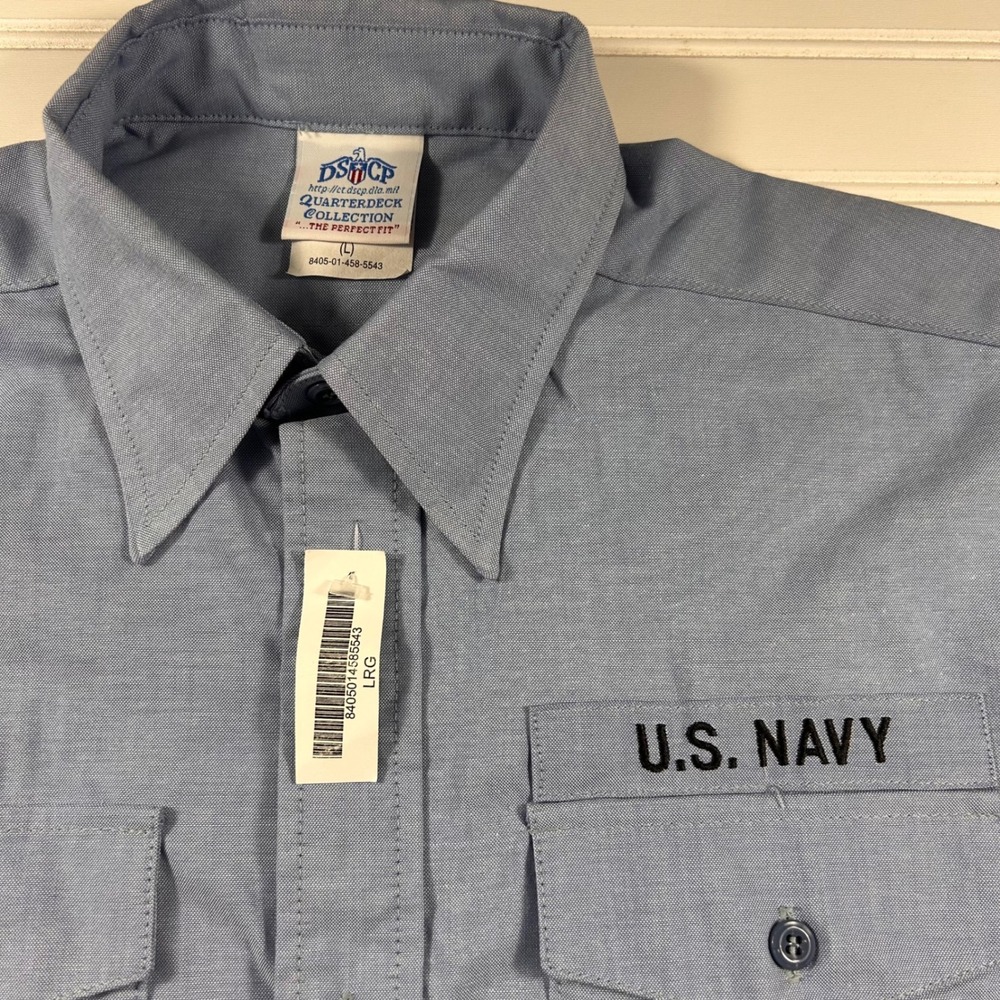 NWT DSCP Quarterdeck Collection Chambray SS Shirt Mens L Blue 8405-01-458-5543